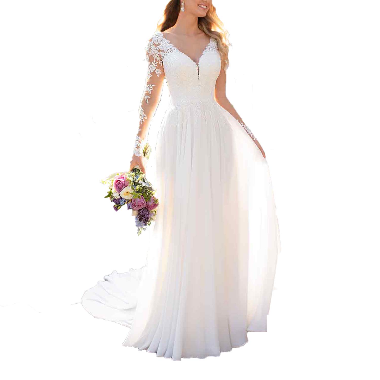 2025 Elegant Lace Appliques Chiffon A-Line Wedding Dress for Bride with Long Sleeves | Beach & Outdoor Ceremony Bridal Gown | Perfect for Romantic Beach Weddings, Garden Nuptials & Destination Ceremonies