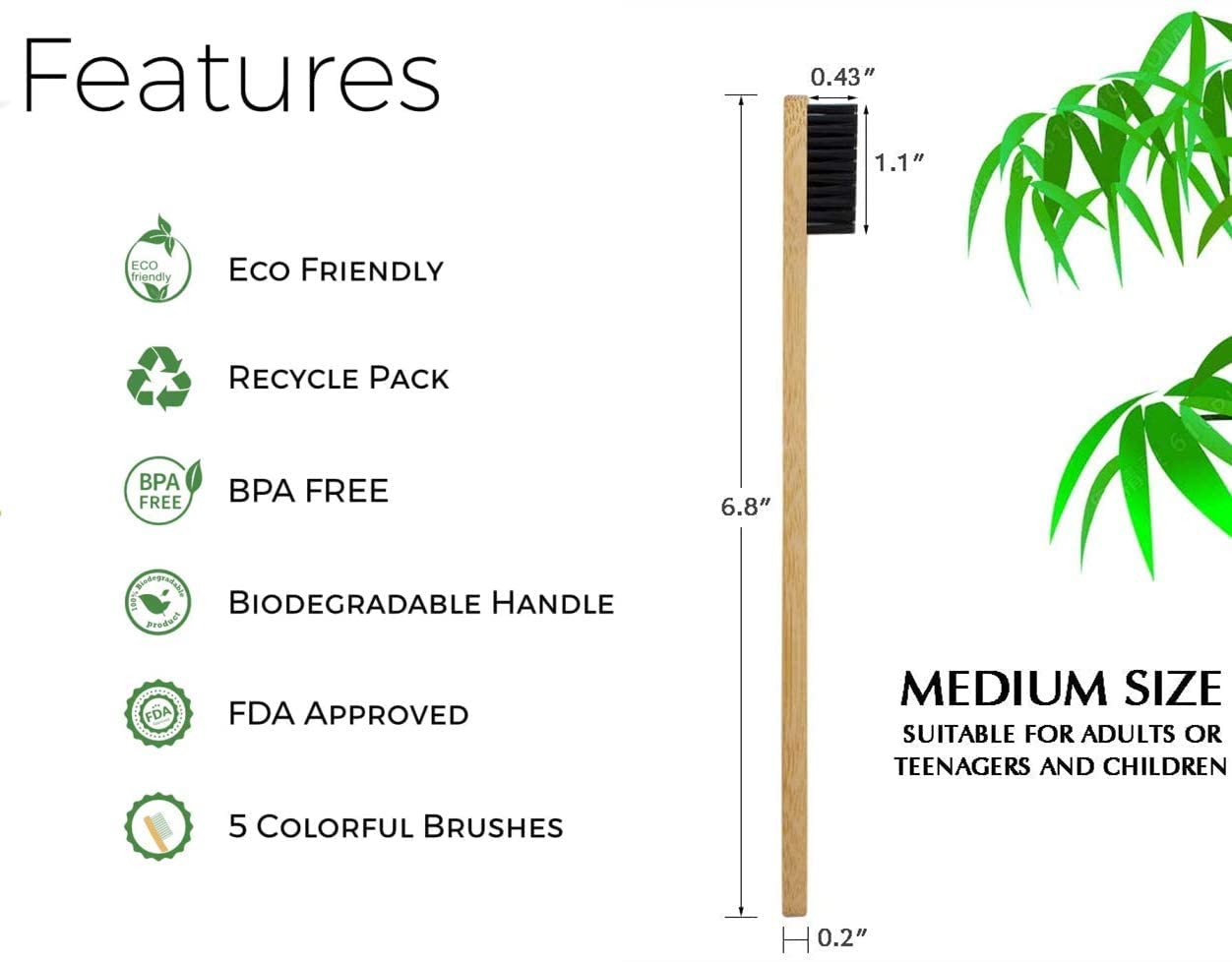 Eco-Friendly Bamboo Toothbrushes for Adults - Medium Bristles, 10-Pack Natural Organic Wooden Toothbrush Set with Charcoal-Infused Handle (Black & White) - Perfect for Sustainable Oral Care at Home & Travel