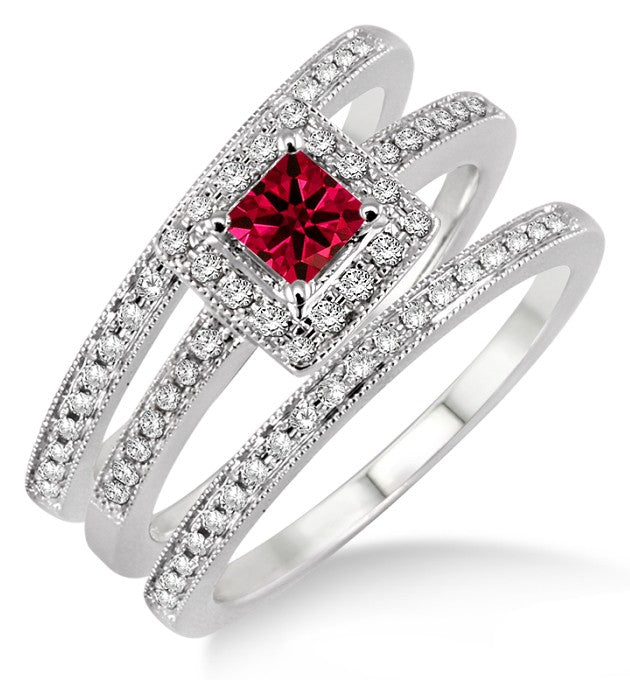 2 Carat Genuine Ruby Trio Halo Engagement Ring in 10k White Gold - Perfect for Proposals, Anniversaries & Special Occasions