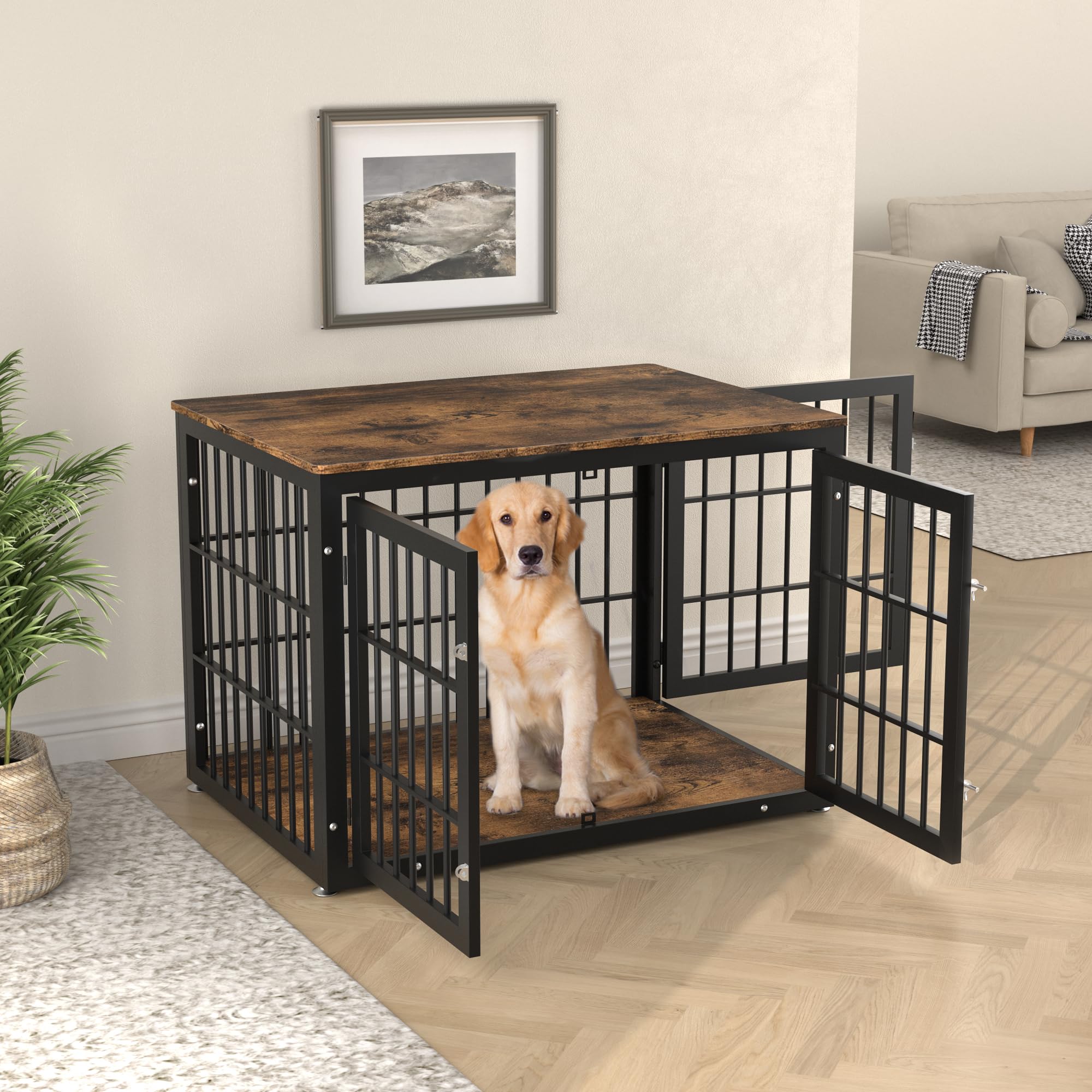 Sturdy Wooden Dog Crate Furniture for Large & Medium Dogs - Decorative Pet House & End Table - Indoor Kennel Cage for Living Room & Bedroom