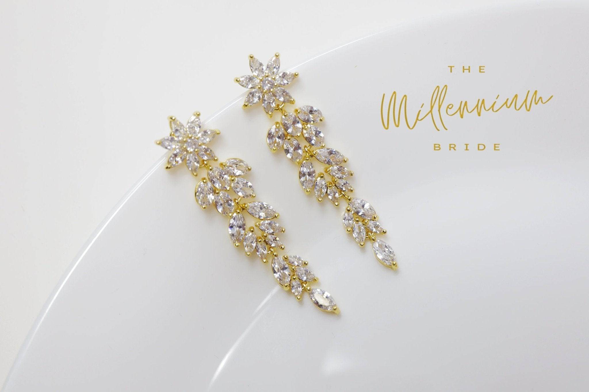 Elegant Cubic Zirconia Flower Leaf Drop Earrings - Long Crystal Bridal Earrings for Wedding, Party & Special Occasions | Statement Jewelry for Women