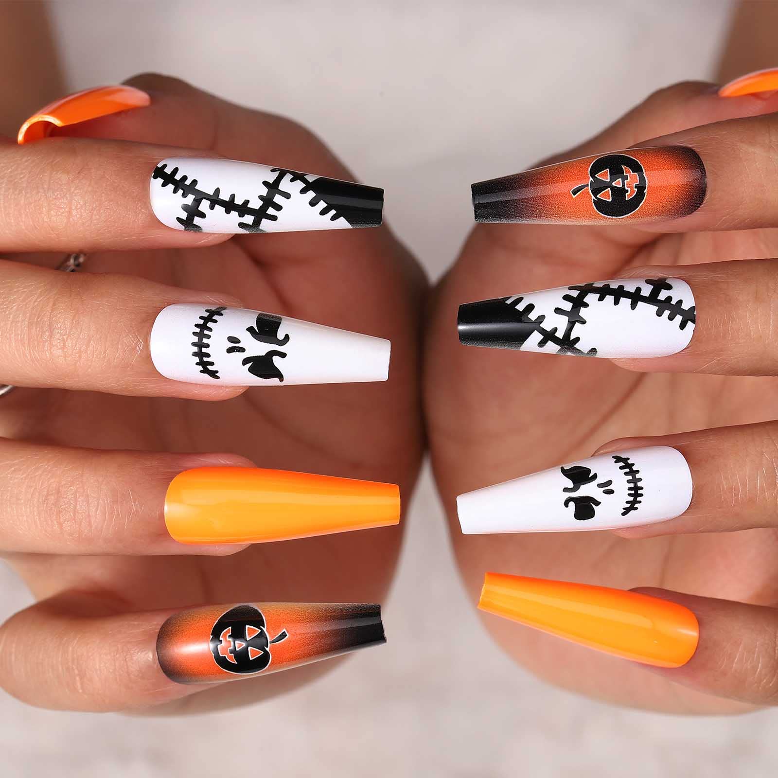Florry Halloween Extra Long Press on Nails - Black Matte Coffin Fake Nails for Women & Girls (30Pcs, Pumpkin Design) | Perfect for Halloween Parties, Cosplay & Spooky Nail Art