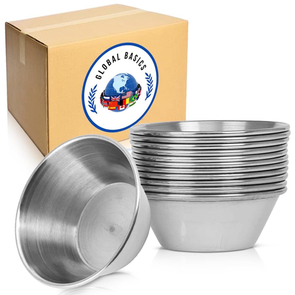 GLOBAL BASICS 1.5oz Stainless Steel Condiment Cups - Set of 12 Small Round Sauce Containers with 1.5oz Capacity | Perfect for Restaurants, Picnics, BBQs, and Home Kitchen Use