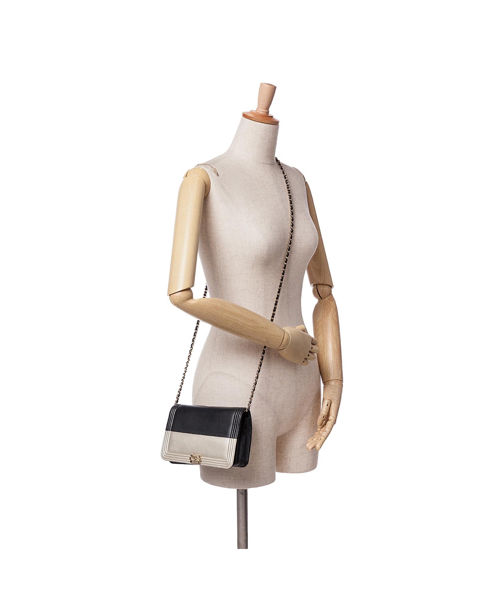 Bicolor Calfskin Leather Wallet On Chain with Adjustable Chain Strap - Stylish Crossbody Purse for Women, Perfect for Parties, Dating & Daily Use