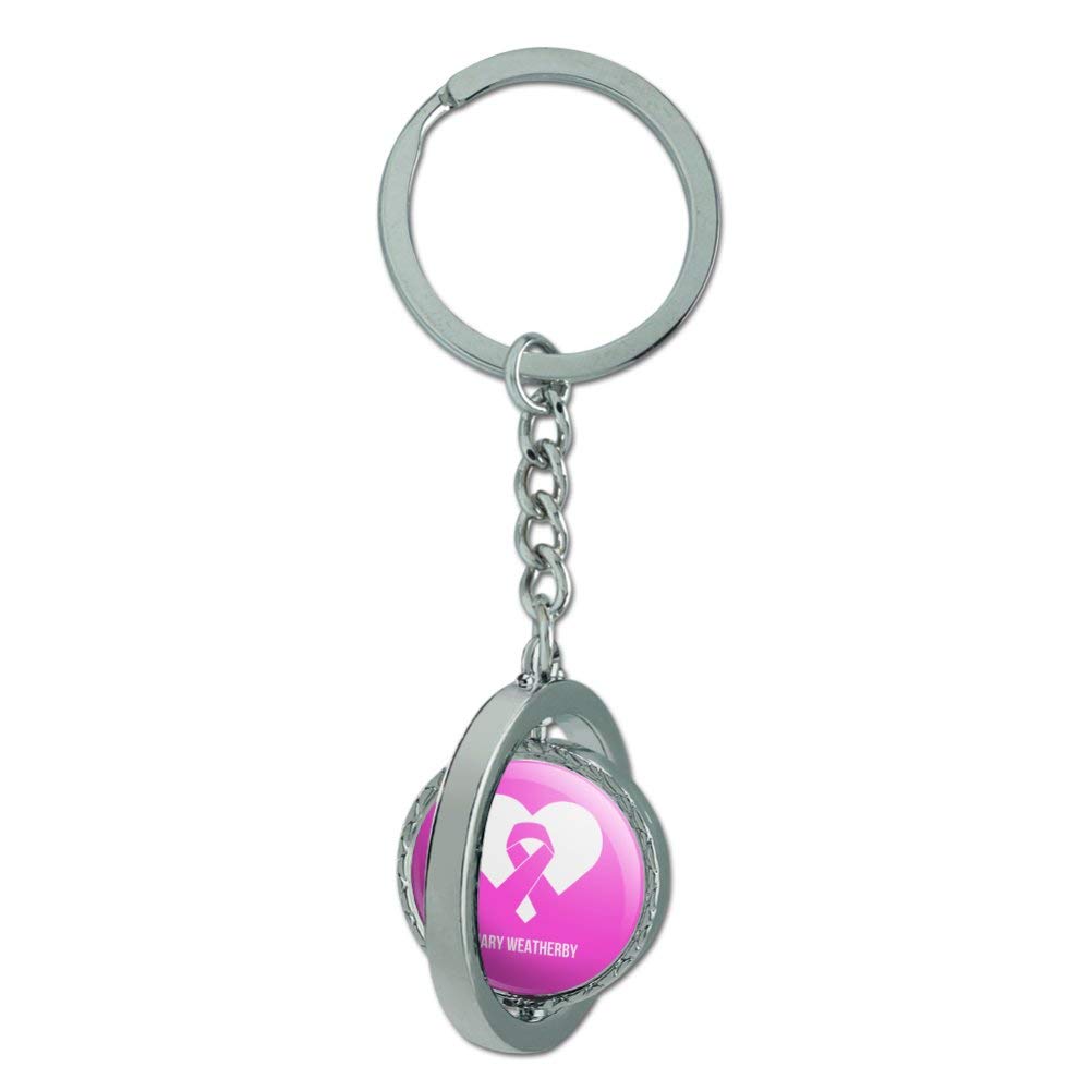 Personalized Pink Ribbon Heart Keychain - Custom 1 Line Engraved Spinning Round Chrome Plated Metal - Perfect for Breast Cancer Awareness Gifts & Fundraising Events