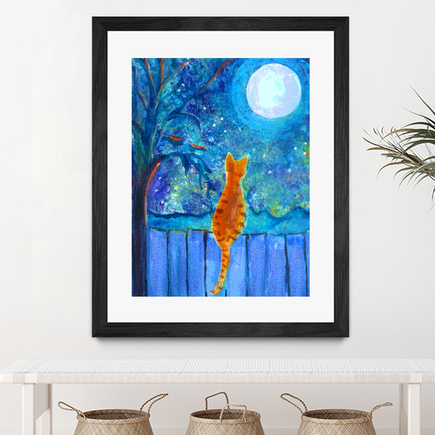 Moonlight Cat on Fence - Stunning Nighttime Wall Art for Home & Office Decor