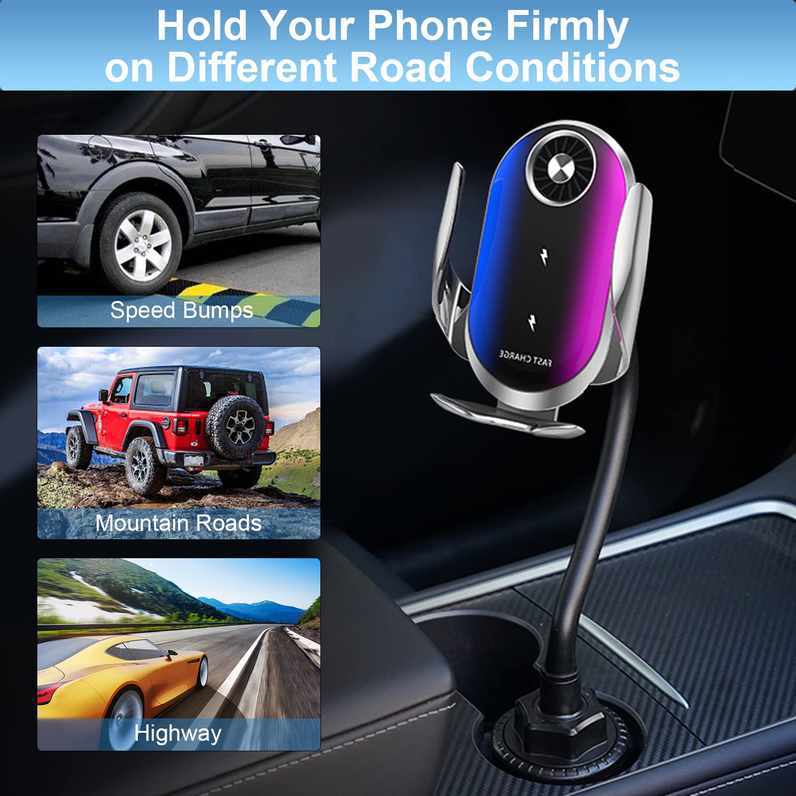 Wireless Car Charger Mount for Samsung Z Flip 5/4/3/2 & iPhone 15/14/13/12/11 - 15W Fast Charging with Auto-Clamping & Cooling Fan - Perfect for Cup Holder Installation & Safe Driving