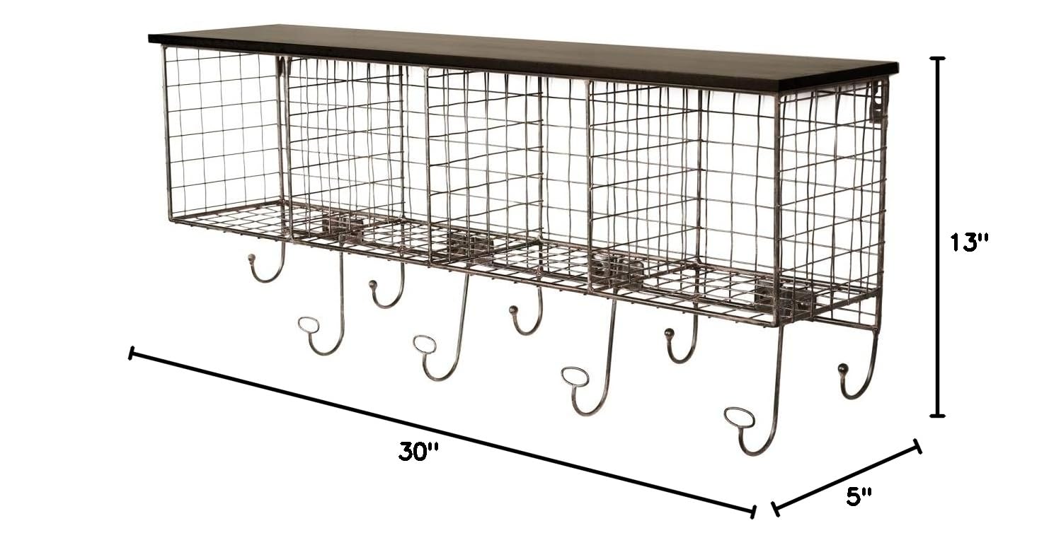 Benjara Black Grid Metal and Wood Wall Shelf with 4 Cubbies & 9 Hooks - Stylish Storage for Living Room, Bedroom, or Entryway Organization