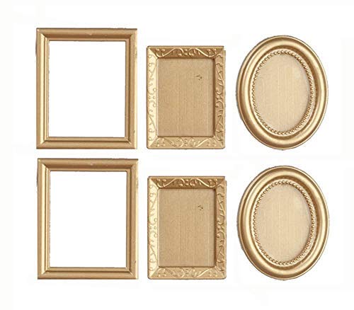 Melody Jane Dollhouse 6 Empty Gold Picture Frames - Miniature Wall Art Decor for Doll House, DIY Scrapbooking & Fairy Garden Accessories