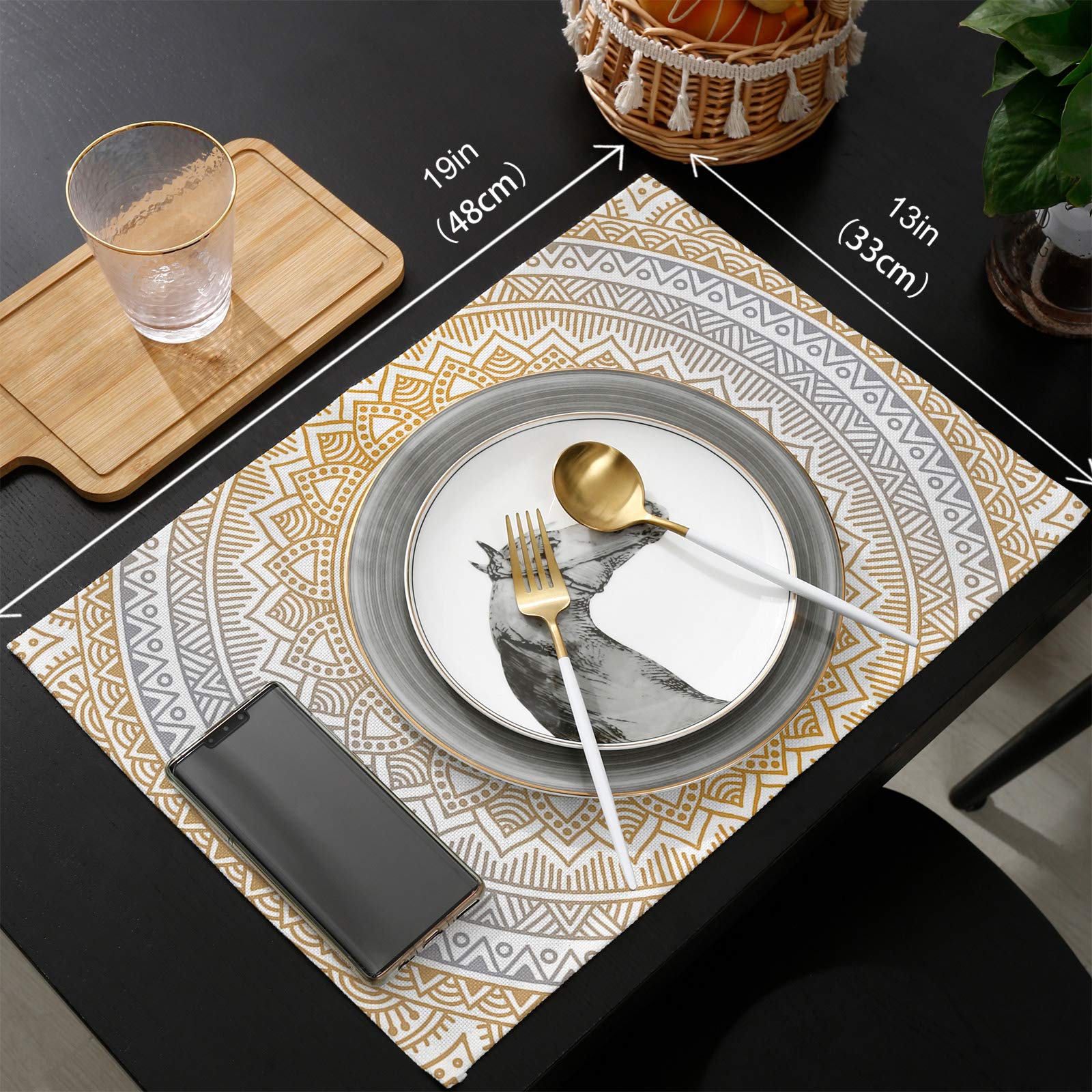 Orange Mandala Pattern Cotton Linen Placemats Set with Matching Table Runner - Heat-Resistant Burlap Dining Table Mats for Kitchen, Parties, Weddings & Home Decor - Perfect for Holiday Dinners and Special Events
