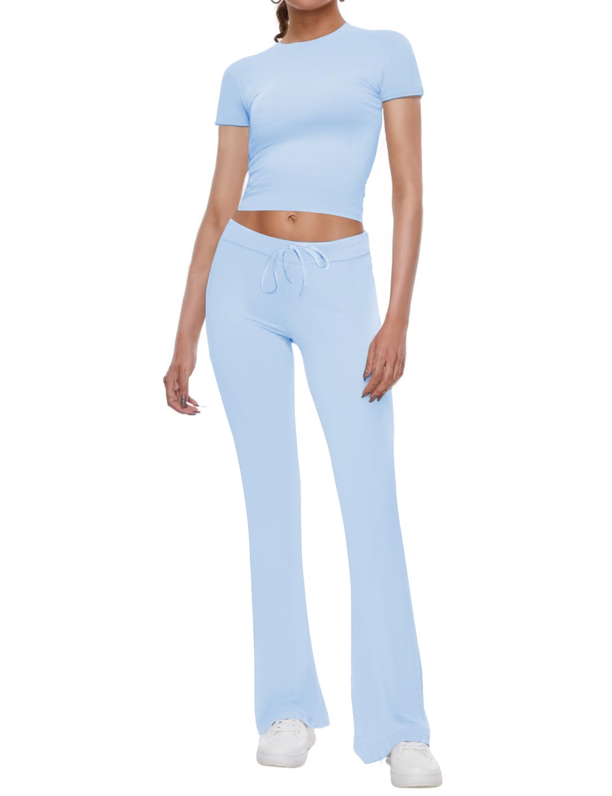 NANKEYSTAR Women's 2-Piece Lounge Set - Short Sleeve Crop Top & Flare Leg Pants Comfy Tracksuit Outfit | Perfect for Yoga, Home Wear & Casual Outings