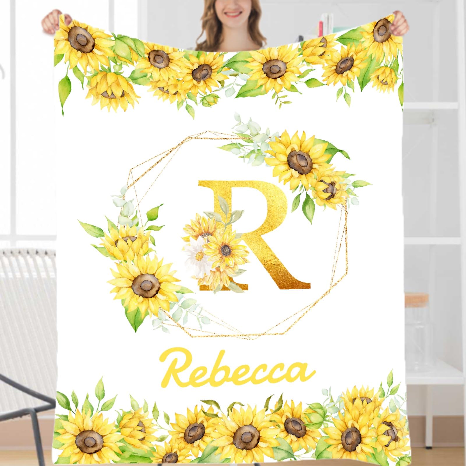 Personalized Baby Blankets for Girls & Boys - Custom Name Embroidered Fleece Throw Blanket - Soft Cozy Newborn Blanket Gift - Sunflower Design Baby Quilt for Crib, Stroller & Nursery Decor
