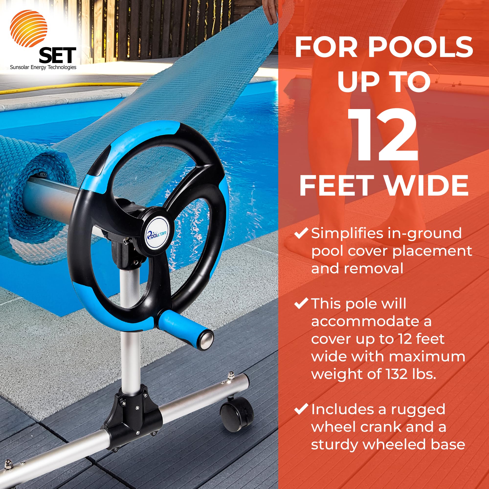 SunSolar In-Ground Pool Cover Reel Set - 3-Piece Aluminum Telescoping Pole with Spinning Reel - Heavy Duty Buckle and Straps for Secure Pool Cover Attachment - Wheeled Base for Easy Moving - 15 Feet - Perfect for Inground Pool Maintenance and Winter Cover Storage