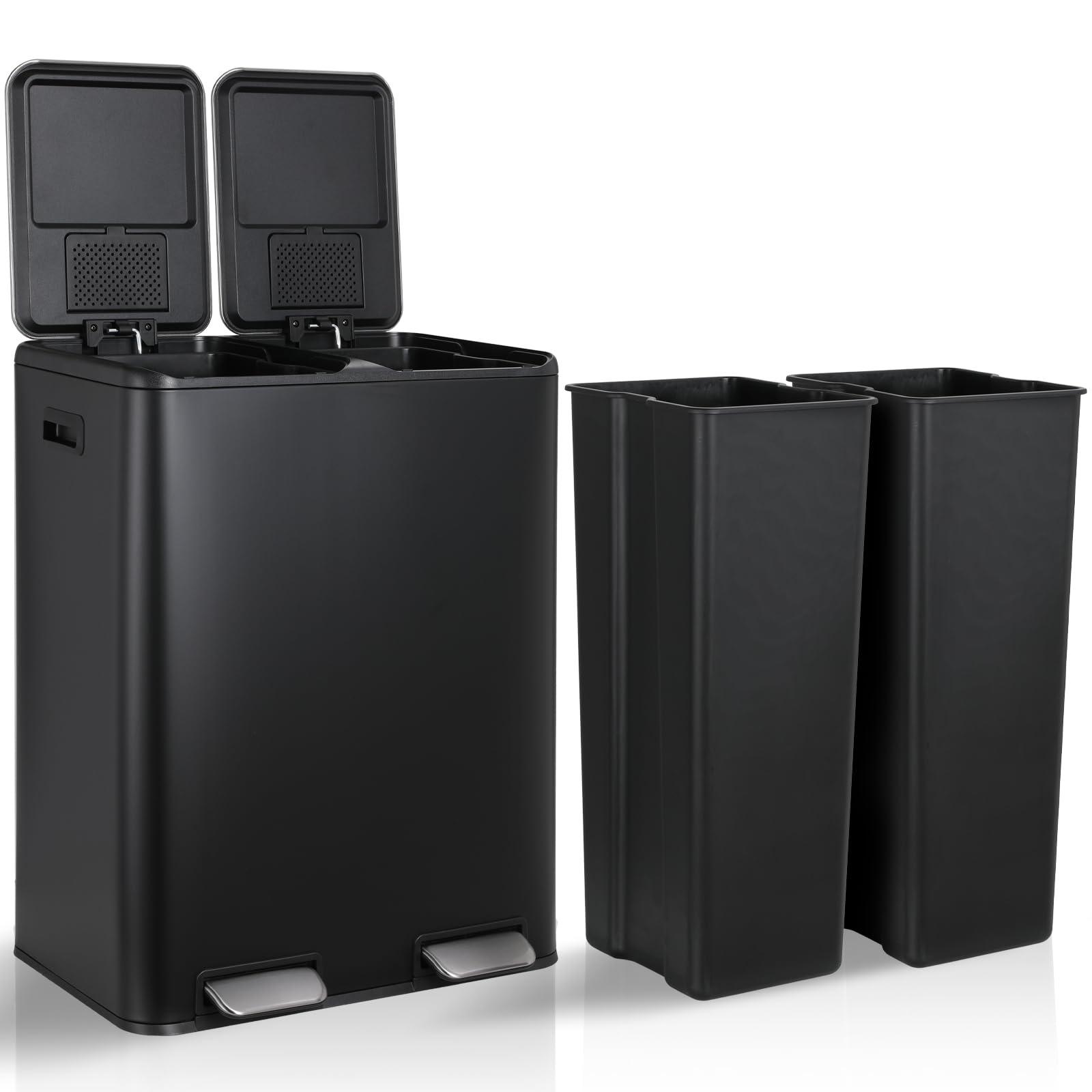 Arlopu 16 Gallon Dual Compartment Stainless Steel Kitchen Trash Can with Odor Control - 2 Built-in Bins, Soft-Close Lid, Foot Pedal & Side Handle - Perfect for Home, Office & Recycling Waste (Black)