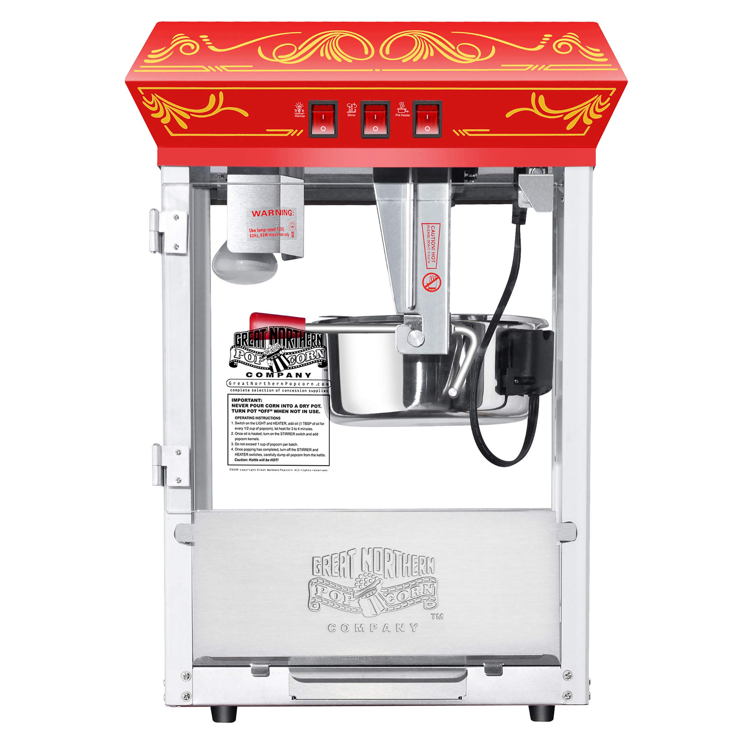 Great Northern Popcorn 3-Gallon Commercial Popcorn Machine with Steel Kettle, Warming Tray & Scoop - Red Home Theater Style Popcorn Popper for Movie Nights, Parties & Concession Stands