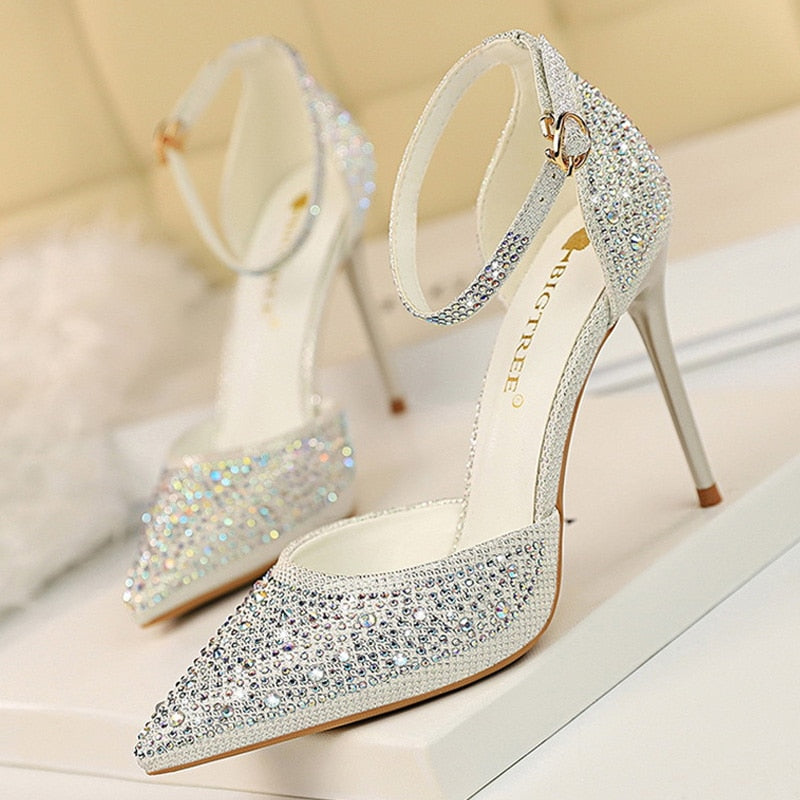 Sparkly Rhinestone High Heel Pumps for Women - 4 Inch Stiletto Wedding Party Dress Shoes with Comfortable Cushion - Perfect for Bridal, Prom, Evening Events & Special Occasions