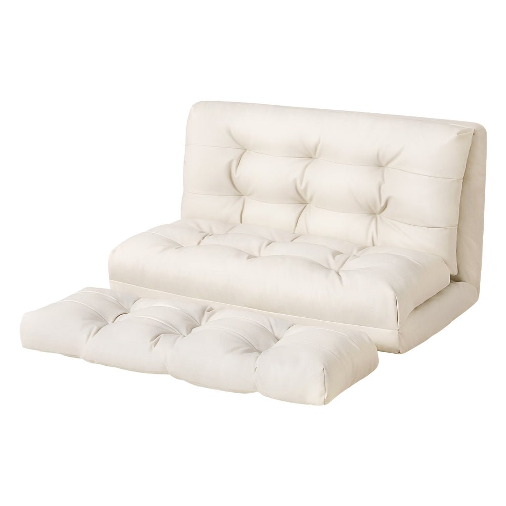 2-Seater Leather Floor Lounge Sofa Bed with Pillows - White - Perfect for Small Spaces, Guest Rooms & Cozy Living Areas