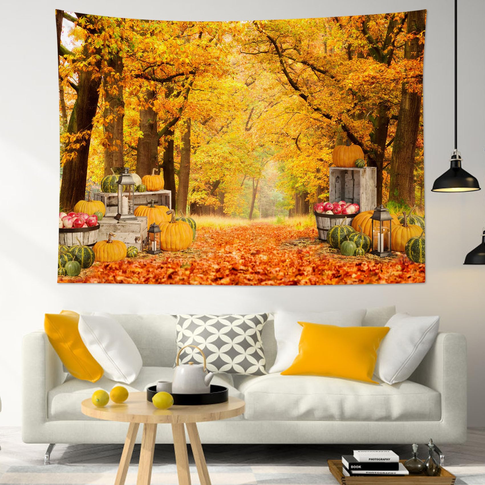 HVEST Fall Tapestry Wall Hanging - Rustic Crop Pumpkins, Orange Maple Forest, Autumn Natural Scenery, 80Wx60H Inches, Perfect for Living Room, Bedroom, Farmhouse, Holiday Party Decor, and Seasonal Home Styling