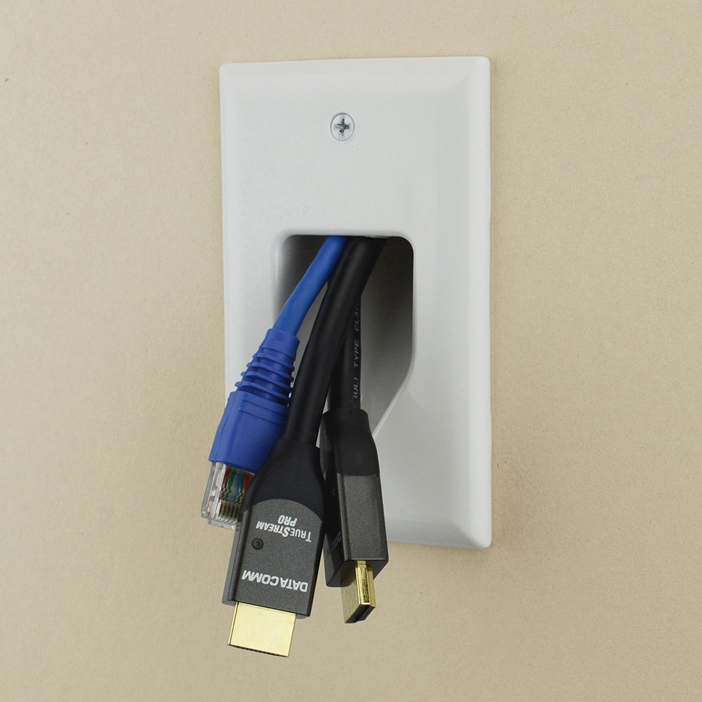 DATA COMM Electronics in Wall Cable Management Kit - 1-Gang Recessed Low Voltage Cable Plate for TV & Home Theater (White) - Organize Wires Behind Wall Mounted TV, Gaming Setup & Office Electronics