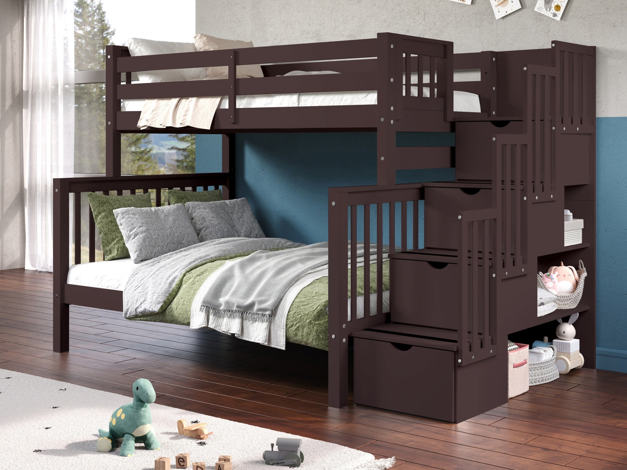 Twin Over Full Bunk Bed with Stairway in Dark Cherry - Space-Saving Kids & Guest Bedroom Furniture for Small Rooms