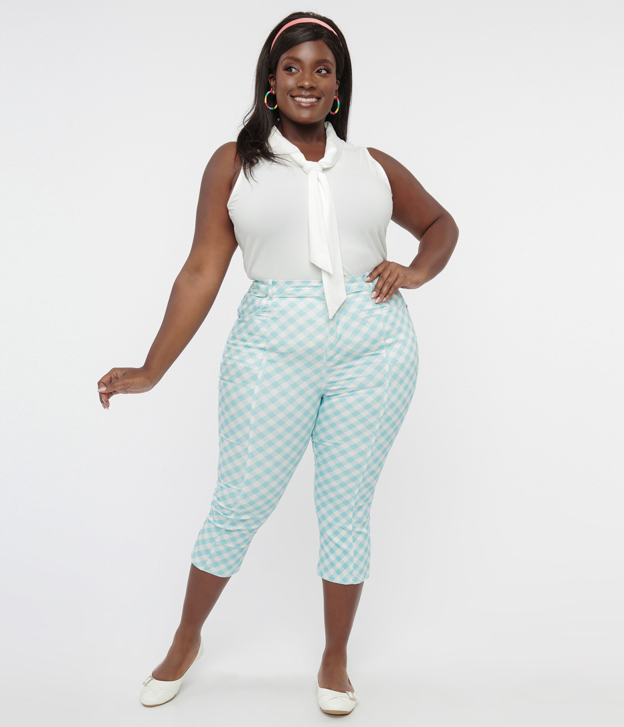 Smak Parlour Plus Size Light Blue & White Gingham Capri Pants for Women | Comfortable Summer Casual Wear | Perfect for Beach, Picnic & Outdoor Activities
