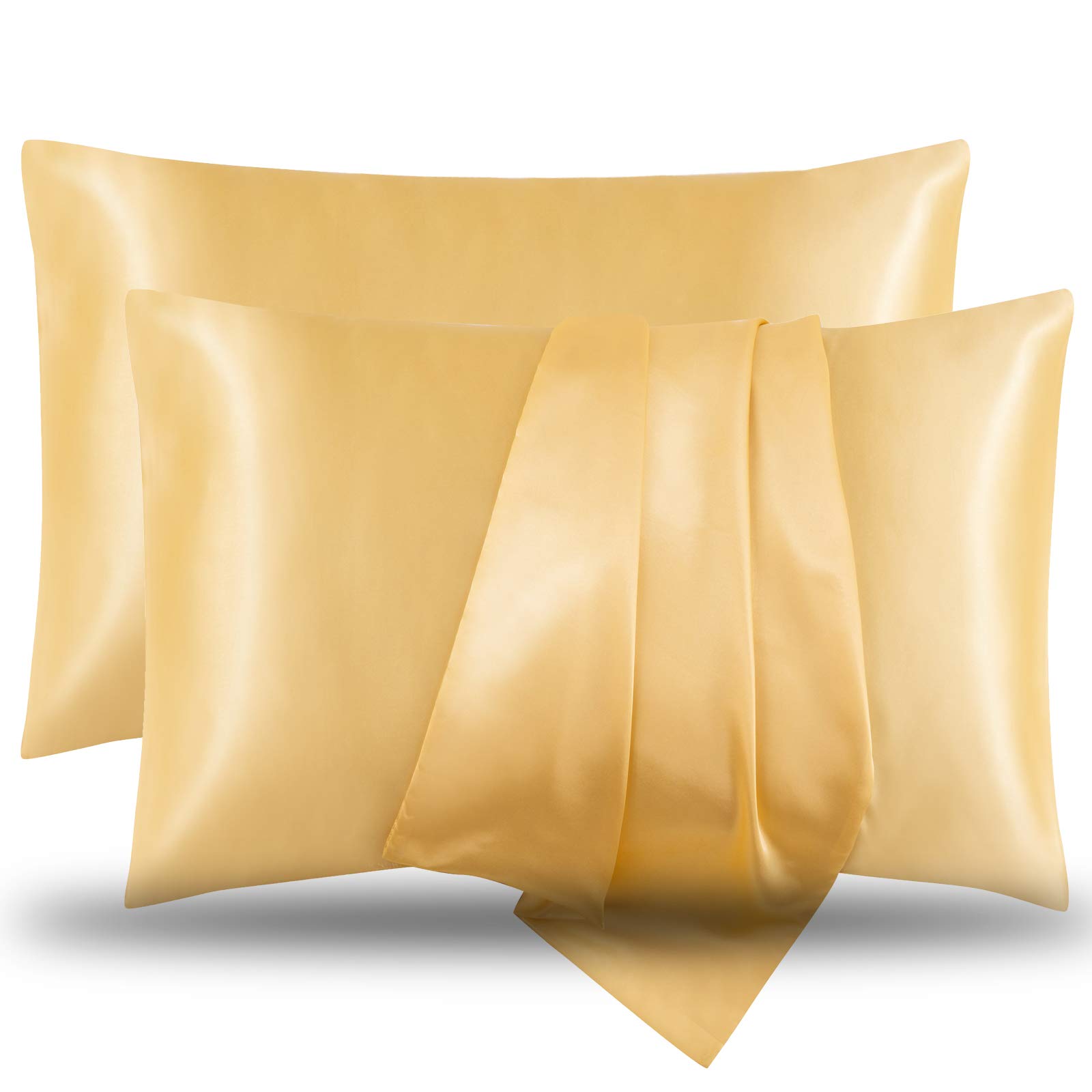 Luxury Satin Pillowcase Set of 2 - King Size 20x36 Inches Silk Pillow Covers with Envelope Closure for Hair & Skin Care - Soft Yellow Bedding Accessories for Women & Men - Perfect for Beauty Sleep, Travel & Home Decor