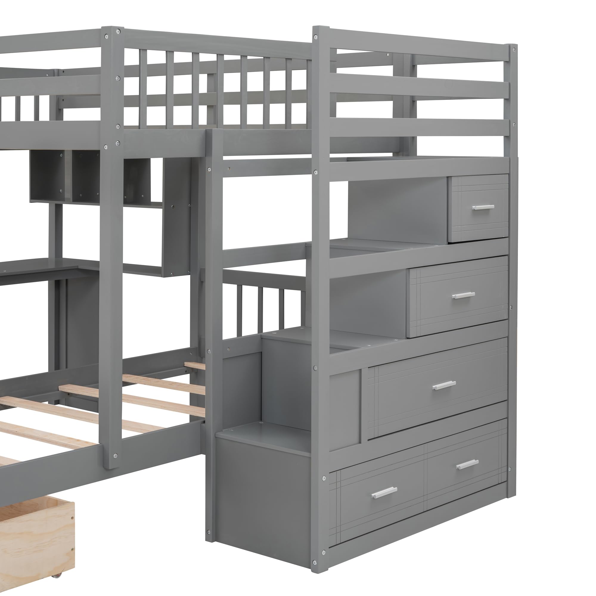 Harper & Bright Designs Full Over Twin Bunk Bed with Stairs - Space-Saving Wooden Loft Bed Frame with Storage Drawers, Desk & Shelves - Perfect for Kids' Bedroom, Dorm Room & Small Spaces (Gray)