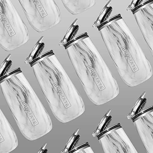 BrüMate 12oz Insulated Champagne Flute with Flip Top Lid - Vacuum Insulated Stainless Steel Wine Glass (Carrara White) - Perfect for Weddings, Parties & Outdoor Picnics