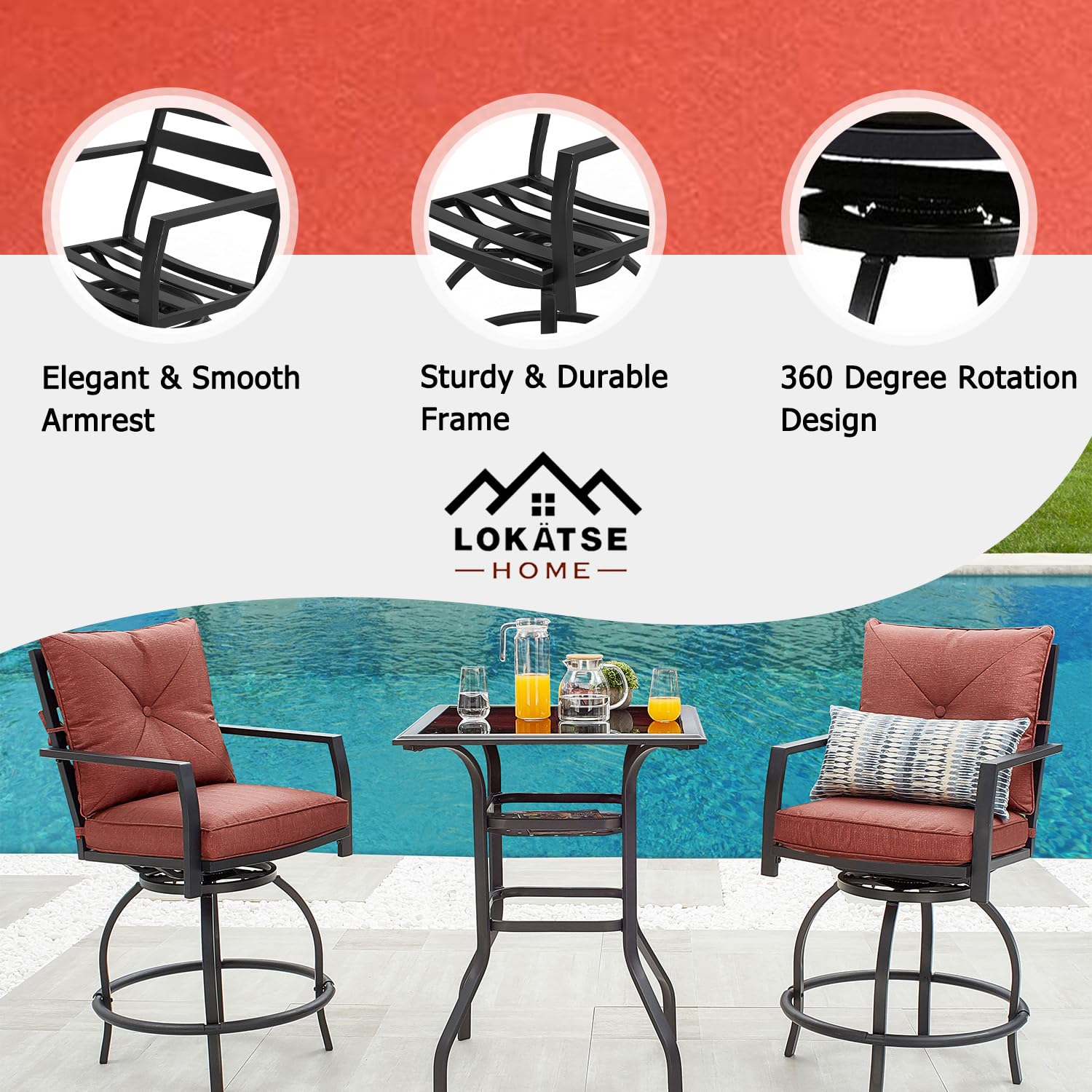 LOKATSE HOME 3-Piece Outdoor Swivel Chair Set - Patio Bar Stools with Cushions & Coffee Table - Metal Height-Adjustable Bistro Furniture (Red) - Perfect for Backyard, Garden, Poolside & Balcony Relaxation