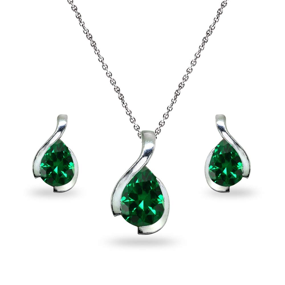Women's Jewelry Sets - Birthstone Necklace & Earrings with Genuine/Synthetic Gems | Pear Cut Teardrop Pendant & Stud Earrings in Silver | Perfect for Gifts, Anniversaries & Special Occasions