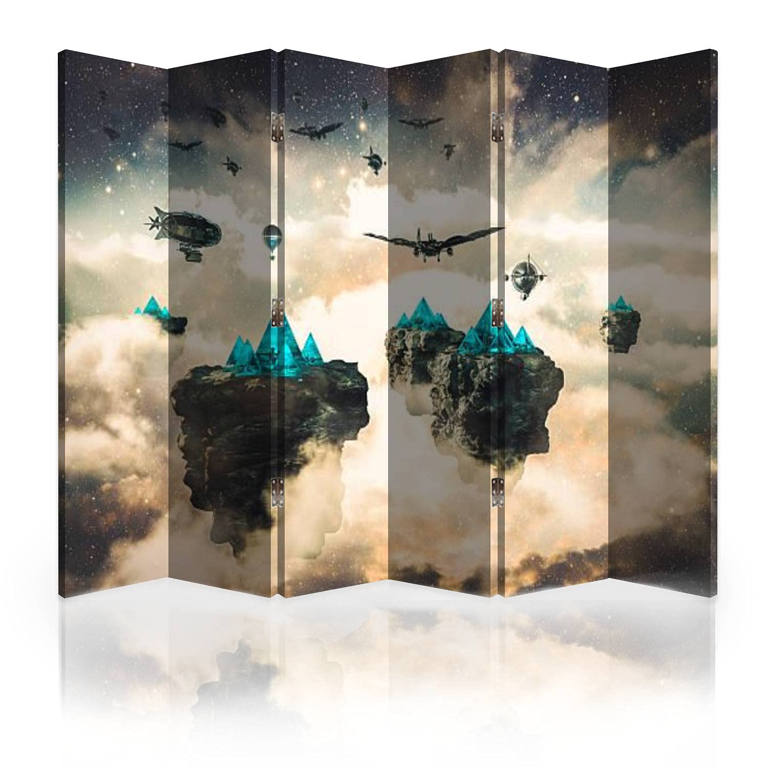 Steampunk Fantasy Floating Islands & Spacecrafts Canvas Room Divider - 6-Panel Folding Privacy Screen for Bedroom, Office & Living Room Partition