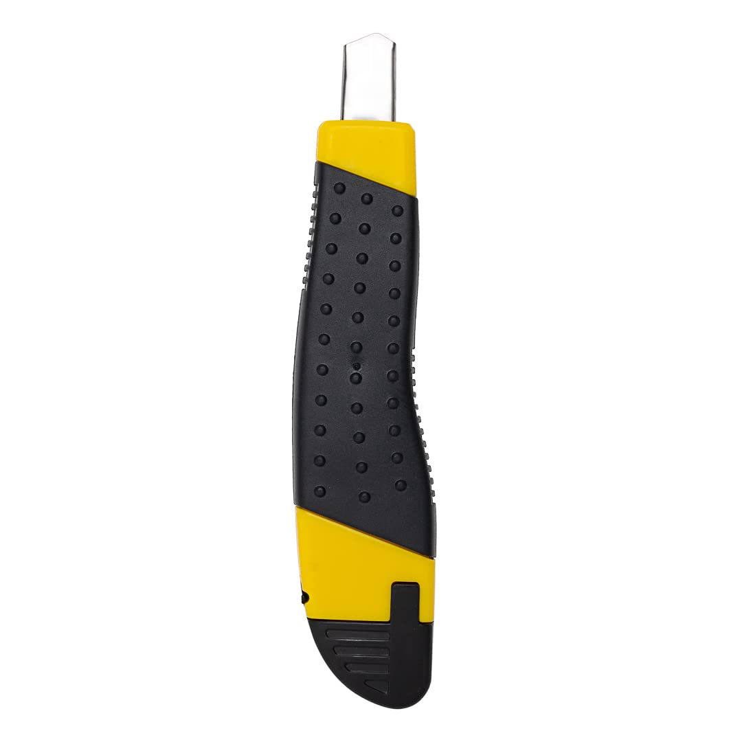 Handy Tek 5.3 Inch Retractable Utility Knife Set of 4 - Snap-Off Blades with Built-In Safety Lock, Heavy Duty Sharp Breakaway Knives for Restaurant, Kitchen, Office & DIY Projects - Yellow Plastic Handle Box Cutter