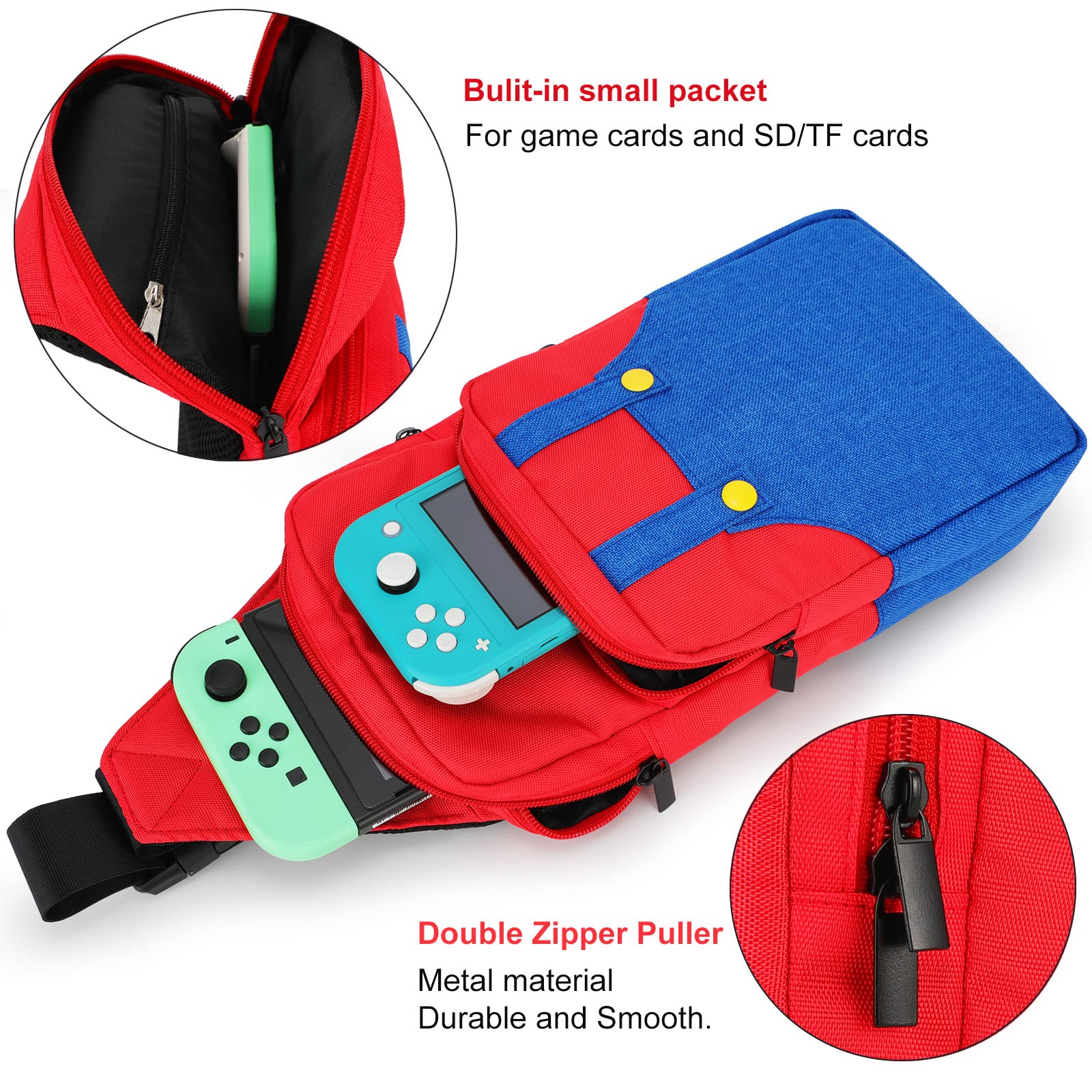 Nintendo Switch/Lite/OLED Travel Bag - Super Mario Portable Gaming Sling Backpack with Chest/Shoulder Strap, Game Card Case & 4 Thumb Grip Caps - Perfect for Travel, Commuting & Gaming On-The-Go