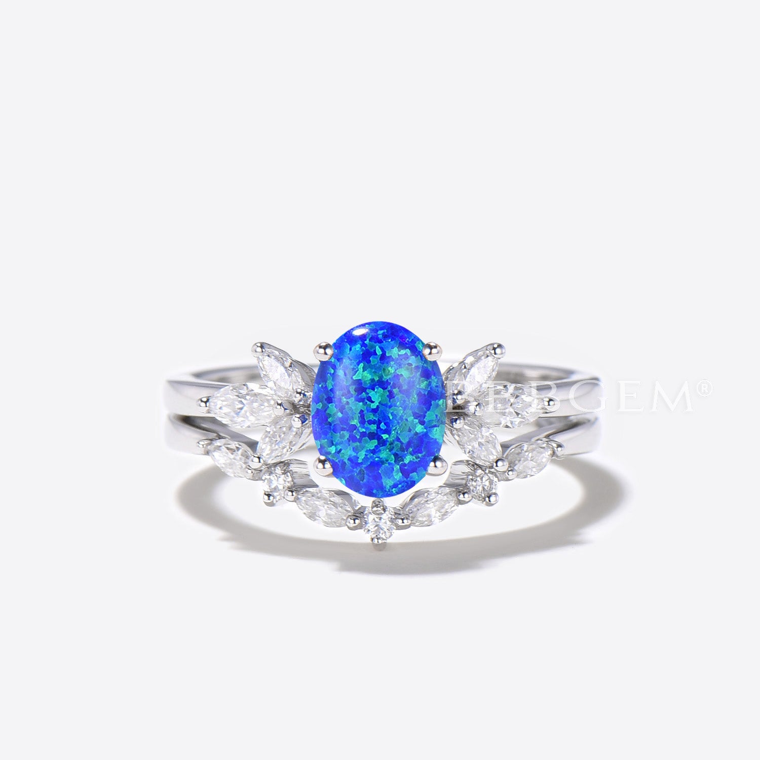 Oval Blue Opal Engagement Ring Set - 7 Stone Diamond Wedding Band for Women - Perfect for Proposals, Anniversaries & Bridal Jewelry