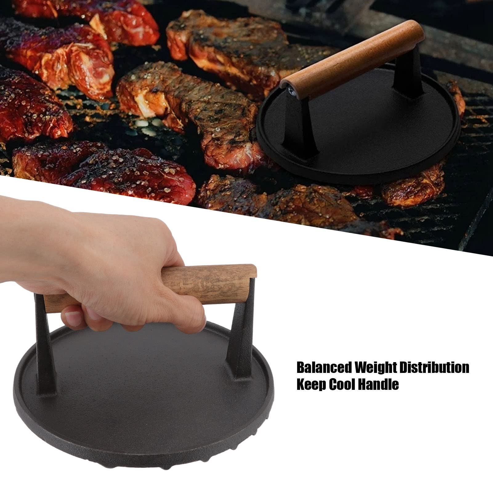 Heavy Duty Cast Iron Grill Press - 3 Lbs Bacon Press with Wooden Handle for Even Cooking & Juicy Meats | Perfect for Burgers, Steaks, Pancakes & Grilling at Home or Outdoor BBQ