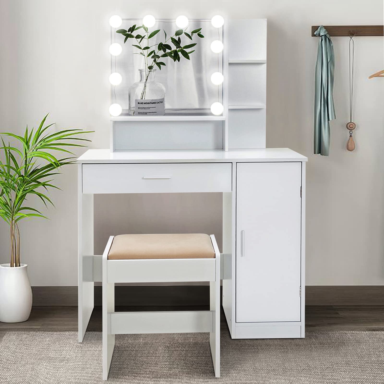 USIKEY White Makeup Vanity Desk Set with Stool - 1 Drawer, 1 Cabinet & 3 Shelves, 3 Adjustable Lighting Modes - Perfect for Bedroom, Dressing Room & Valentine's Day Gift