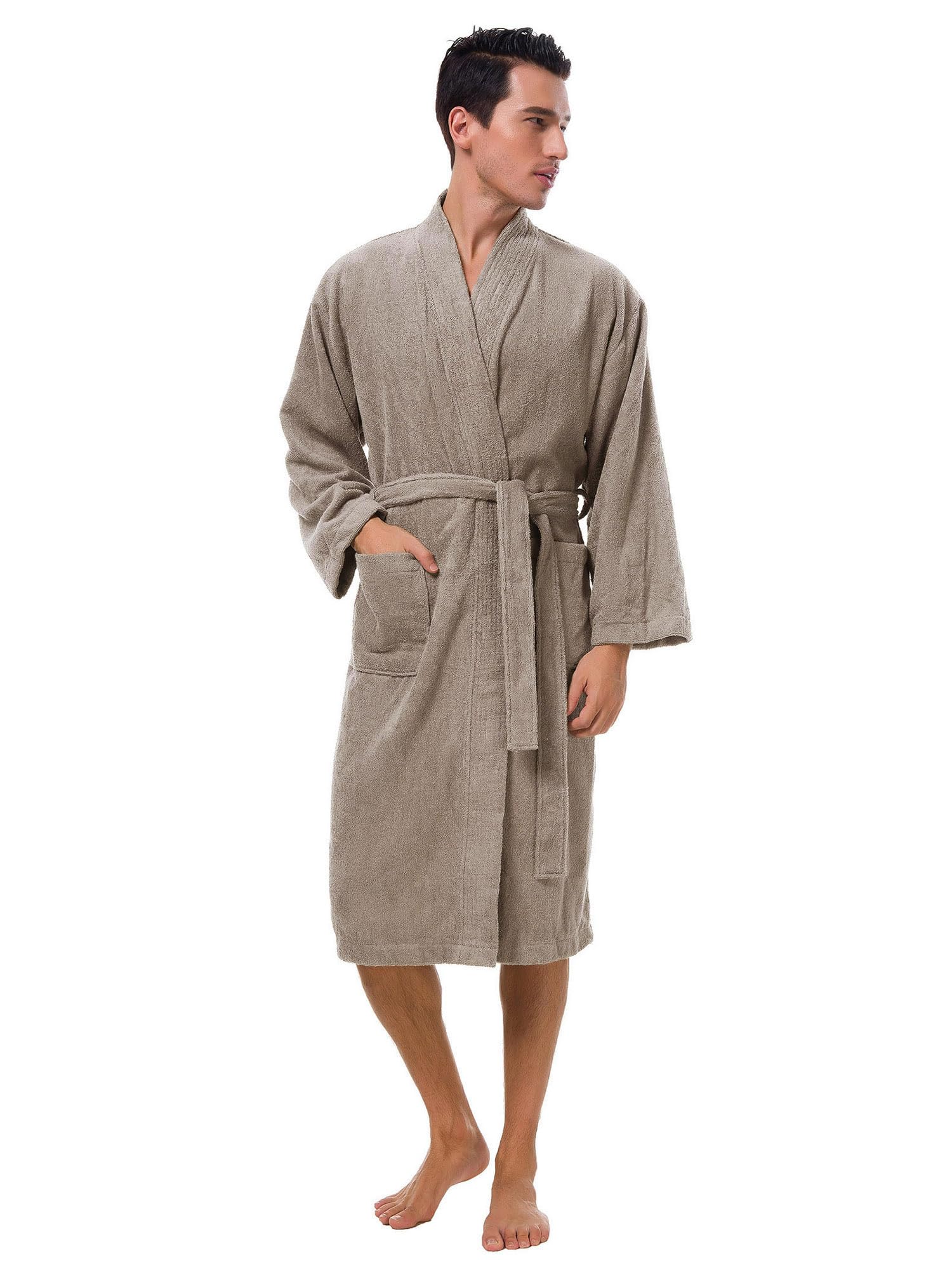 SIORO Men's Terry Cloth Kimono Bathrobe - Soft Cotton Calf-Length Shower Robe for Spa, Hotel & Hot Tub | Cozy Housecoat for Relaxation at Home or After Shower