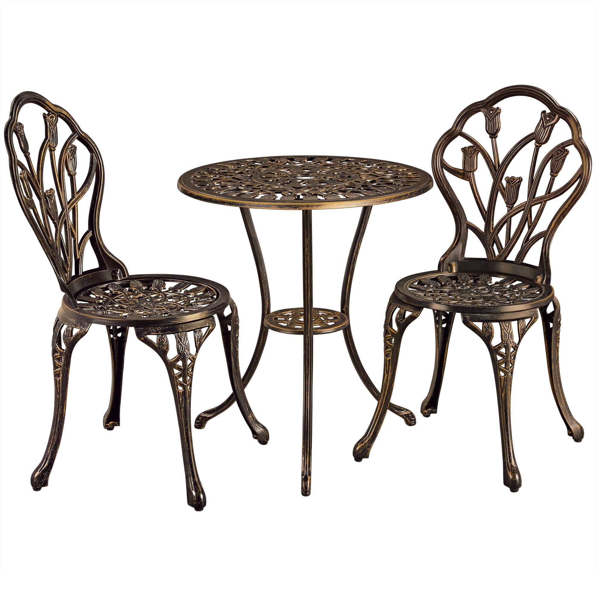 Topeakmart 3-Piece Outdoor Bistro Set - Lightweight Aluminum Patio Dining Table with 2 Chairs & Umbrella Hole - Bronze Garden Furniture for Balcony, Yard, Deck or Poolside Relaxation