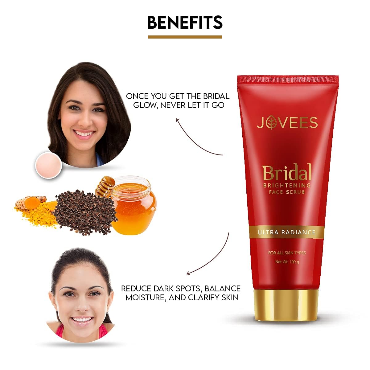 Jovees Herbal Bridal Brightening Face Scrub with Turmeric, Honey & Pearl Millet Flour - Exfoliating Facial Cleanser for Glowing Skin, Gentle Dead Skin Removal, All Skin Types 100g - Perfect for Bridal Prep & Daily Skincare Routine