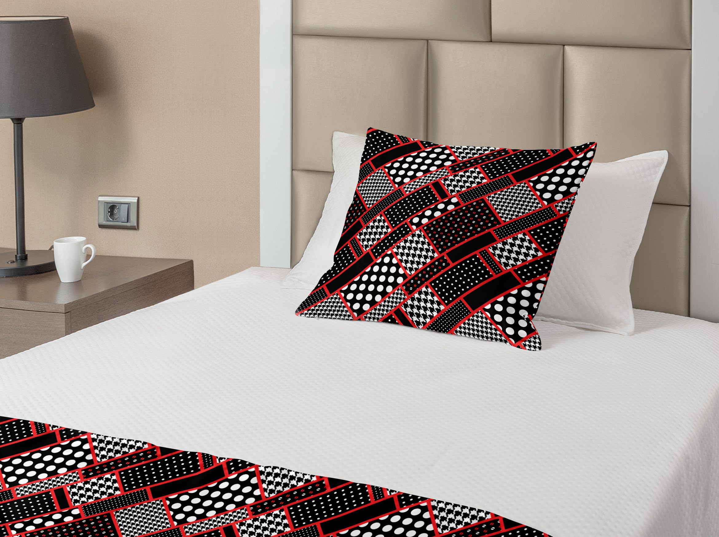Ambesonne Geometric Bed Runner Set with Retro Patterns - Polka Dots & Houndstooth Design, Decorative Bed Scarf & Pillow Sham for Twin Bed - Scarlet, White & Black | Perfect for Hotels, Homes & Bedroom Decor