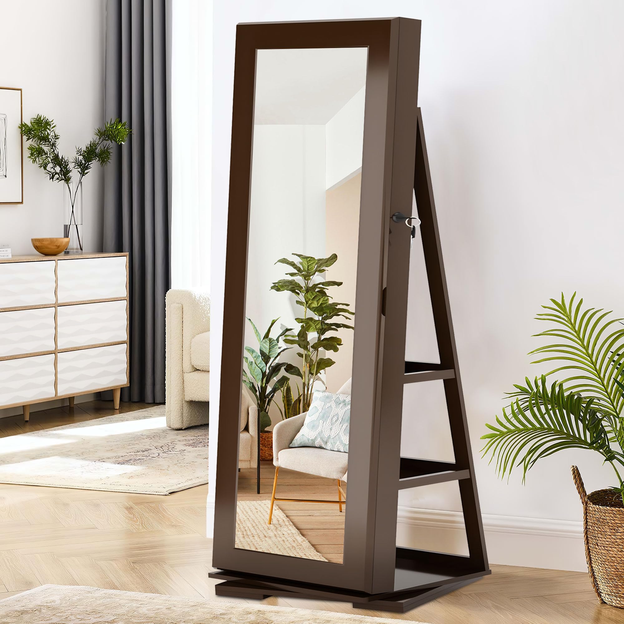 SOGES 360° Swivel Jewelry Mirror Cabinet with Back Storage Shelves - Full Length Rotating Mirror with Lockable Jewelry Organizer & Armoire - Brown | Perfect for Bedroom, Dressing Room & Closet Organization