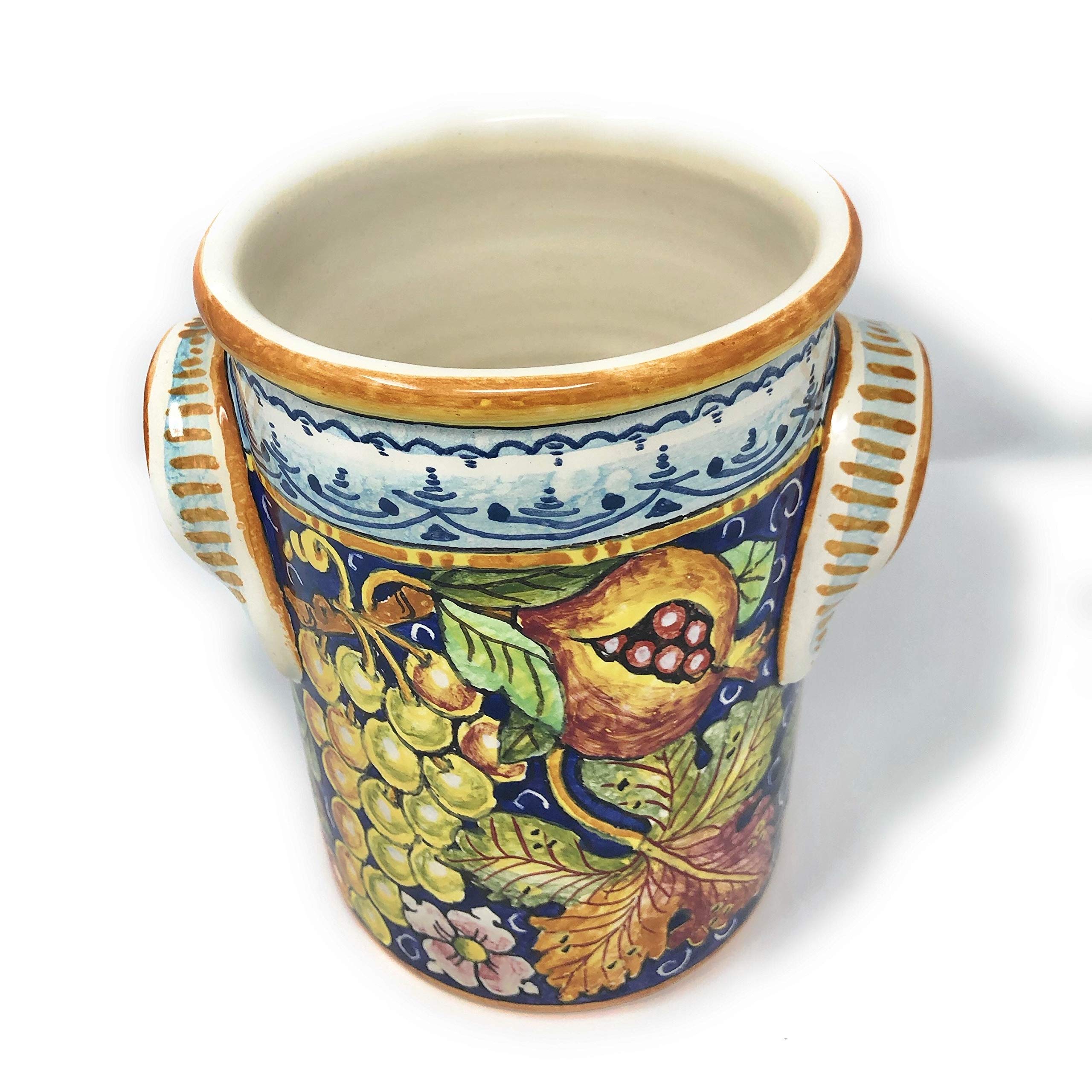 Hand-Painted Italian Pottery Utensil Holder & Wine Bottle - CERAMICHE D'ARTE PARRINI Tuscan Florence Decor with Red Grapes - Perfect for Kitchen Decor & Wine Storage
