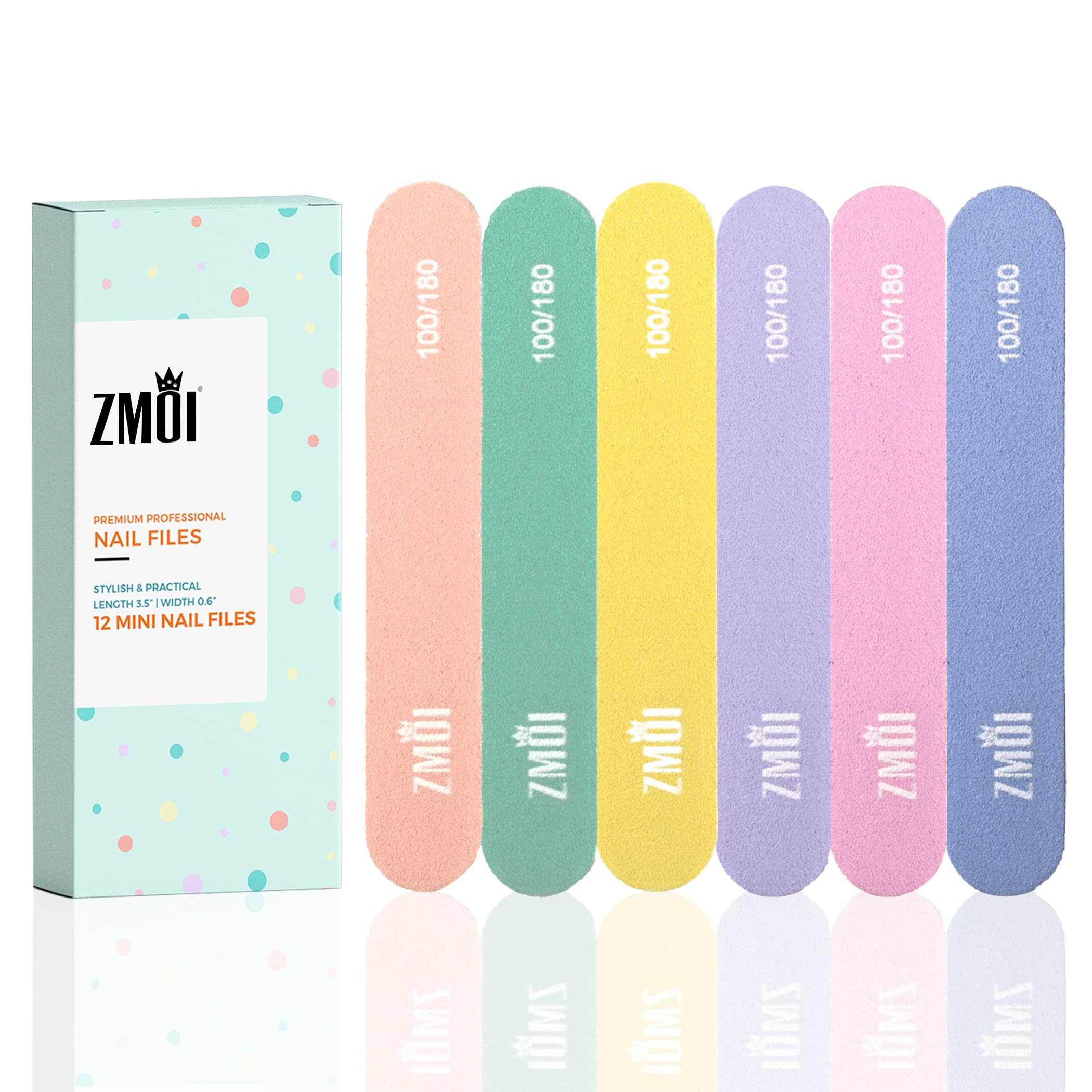 ZMOI Professional Mini Nail File Set - 12 Pack 100/180 Grit Emery Boards for Natural & Acrylic Nails, Stylish Macaron Colors - Perfect for Home, Salon, Travel & DIY Manicures