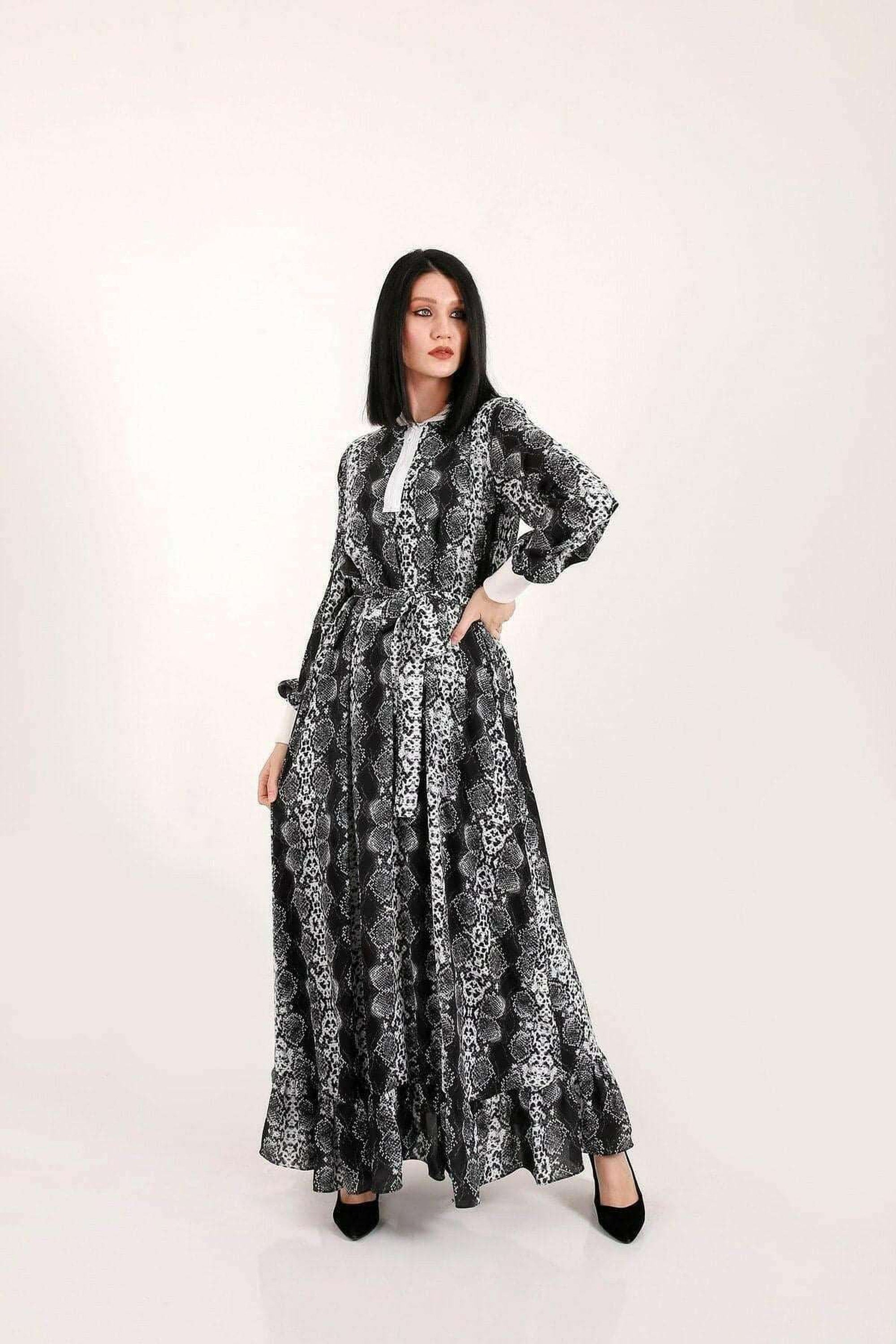Liliana Women's Long Sleeve Maxi Dress with Elastic Cuffs - Elegant Flowy Boho Dress for Wedding, Party & Special Occasions
