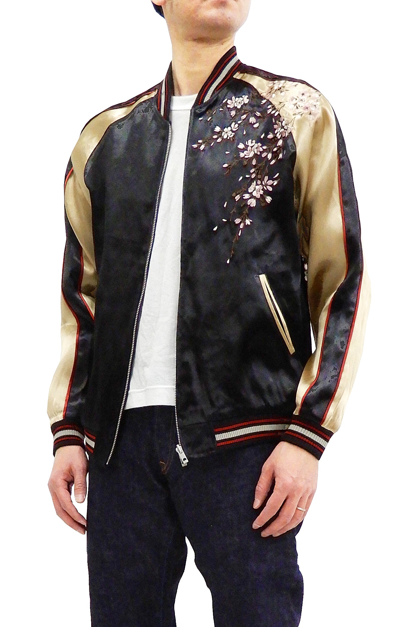 Japanese Souvenir Jacket for Men - Weeping Cherry Sukajan Bomber 3RSJ 038 Black/Beige - Vintage Style Asian Fashion for Streetwear & Casual Outfits