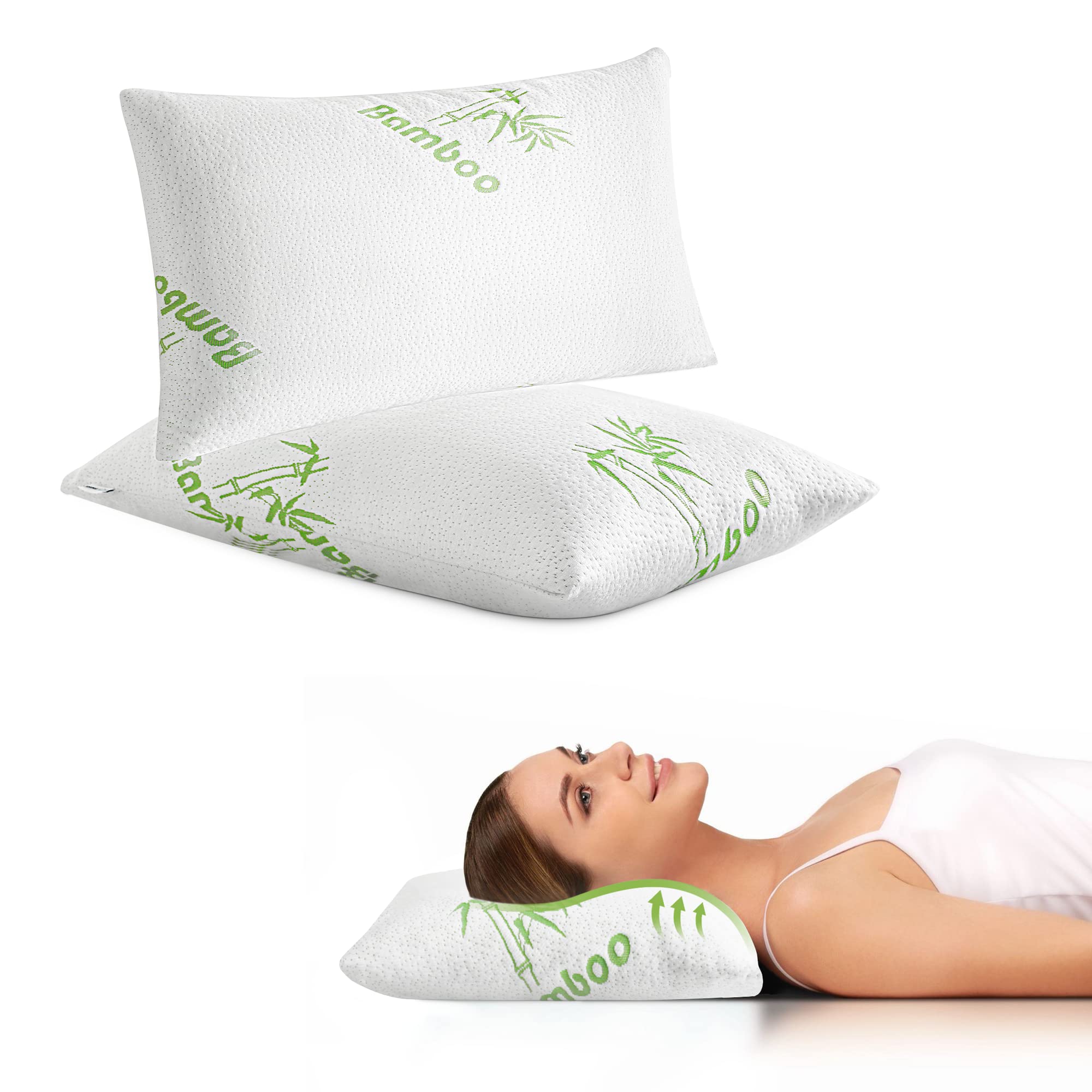 SHENGHOME Cooling Bamboo Bed Pillows Set of 2 - Standard Size Down Alternative Pillows for Side, Back & Stomach Sleepers with Removable Protectors | Breathable & Supportive for Hot Sleepers, Bedroom & Guest Room Use