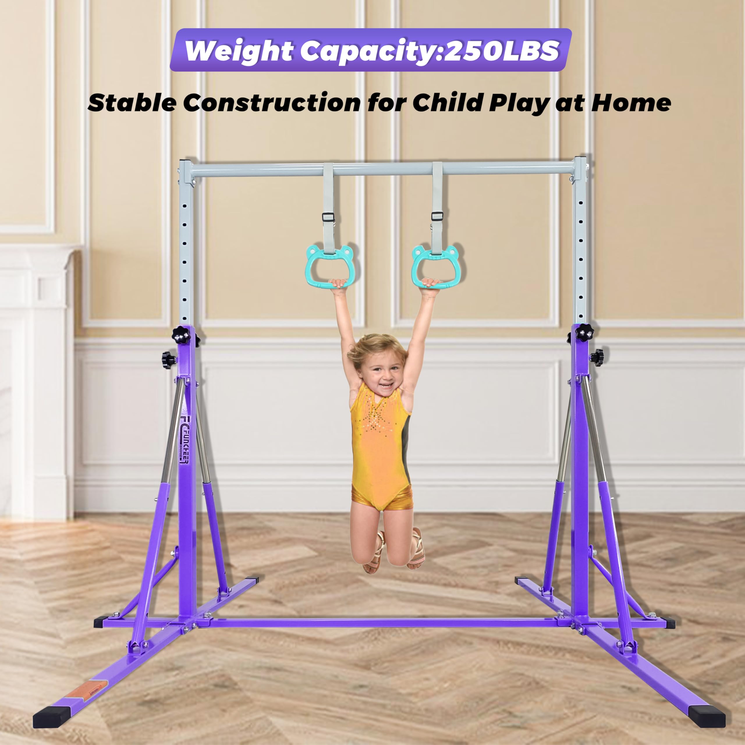 Foldable Gymnastics Bar for Kids - 5FT Adjustable Horizontal Training Bar with Triangle Stable Structure - Home Gym Equipment for Ages 3-15 - Perfect for Indoor Gymnastics Practice, Strength Training & Playroom Activities