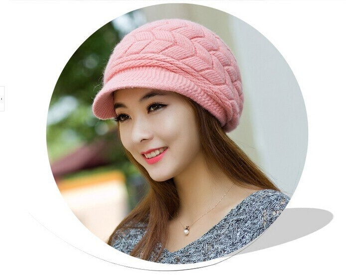 Warm Winter Knit Hat with Fleece Lining & Rabbit Fur - Cozy Beanie for Outdoor Activities, Skiing, Snowboarding, and Cold Weather Fashion