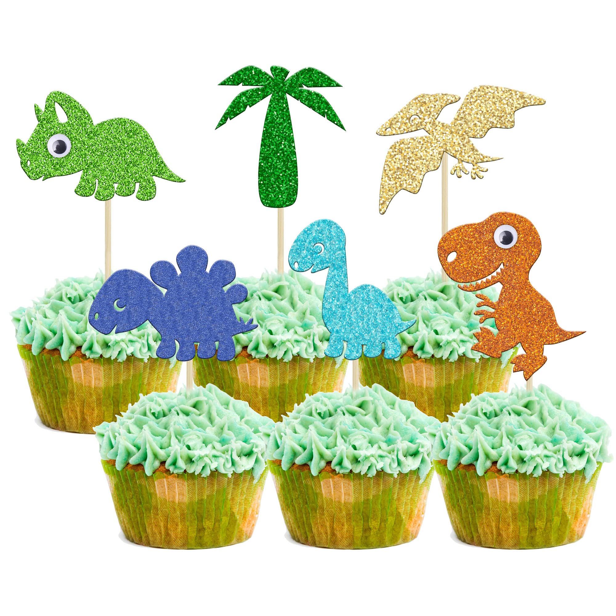 24Pcs Green Glitter Dinosaur Cupcake Toppers - Cute Baby Dinosaur Cake Decorations for Kids Birthday Party, Baby Shower & Dinosaur Theme Events - Perfect for Cupcakes, Cakes & Dessert Decorations