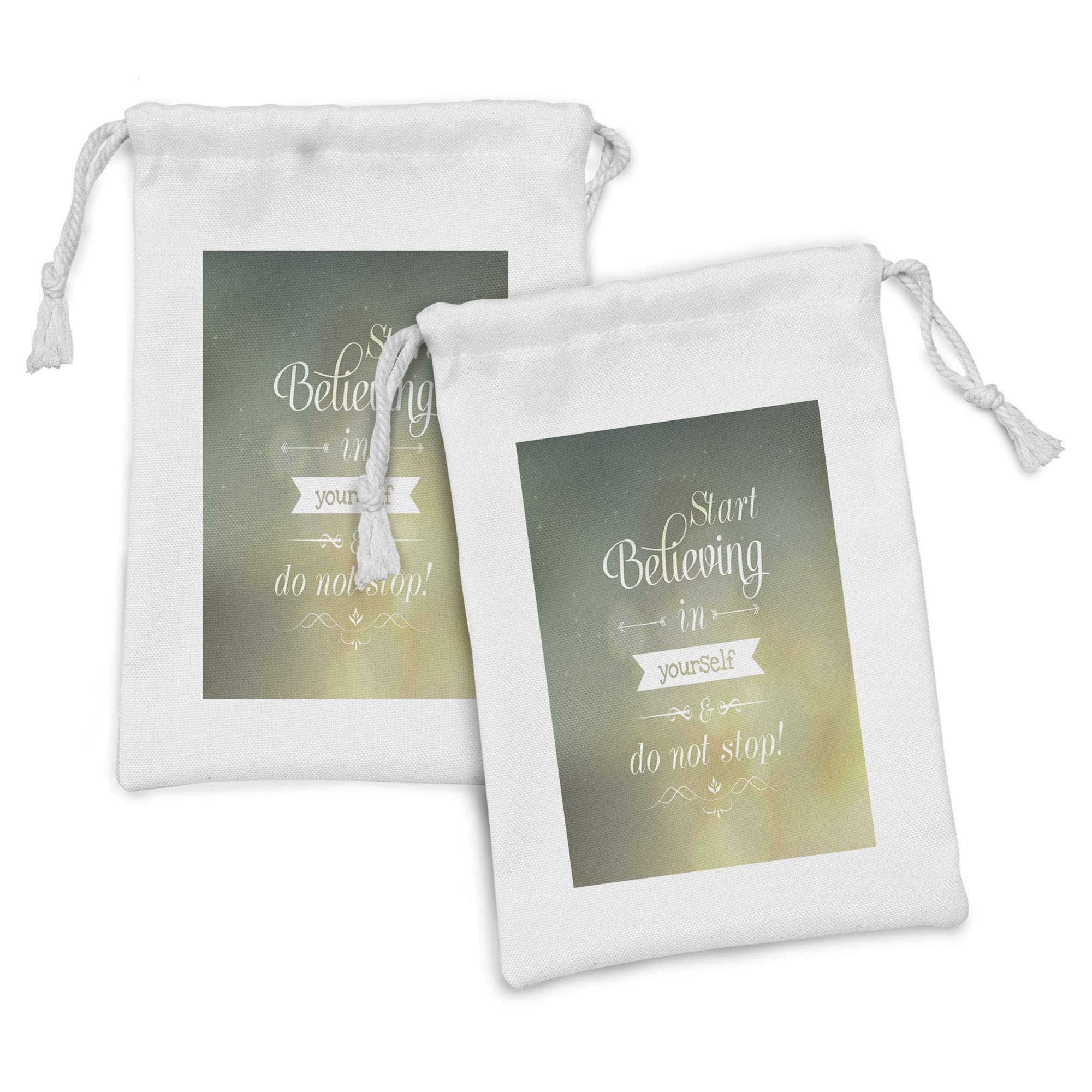 Ambesonne Inspirational Fabric Pouch Set of 2 - 'Believe in Yourself' Motivational Drawstring Bags for Toiletries, Makeup, Jewelry & Travel Accessories (9x6 Inches, Teal & Yellow)